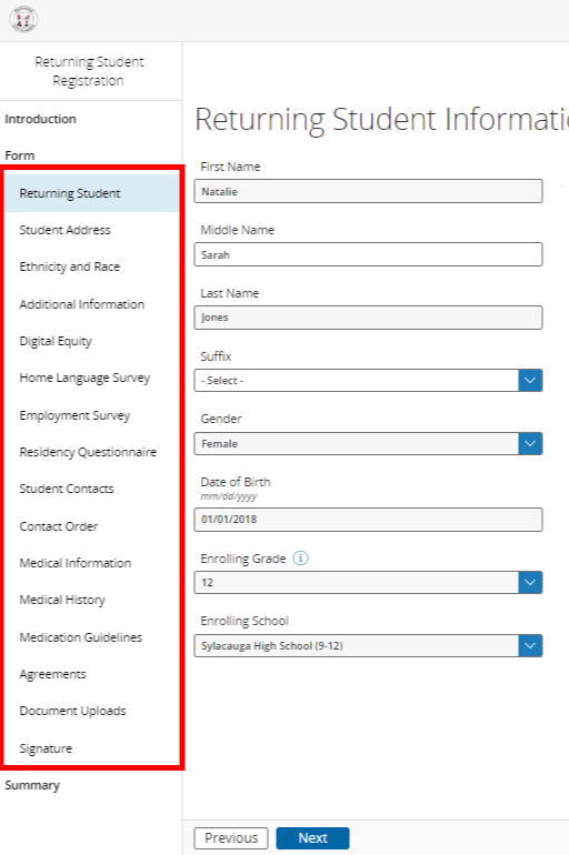 Student Information Page