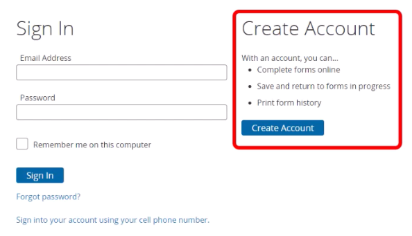 Create Parent Account webpage