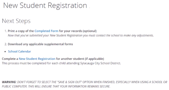 New Student Registration Page after submitting form
