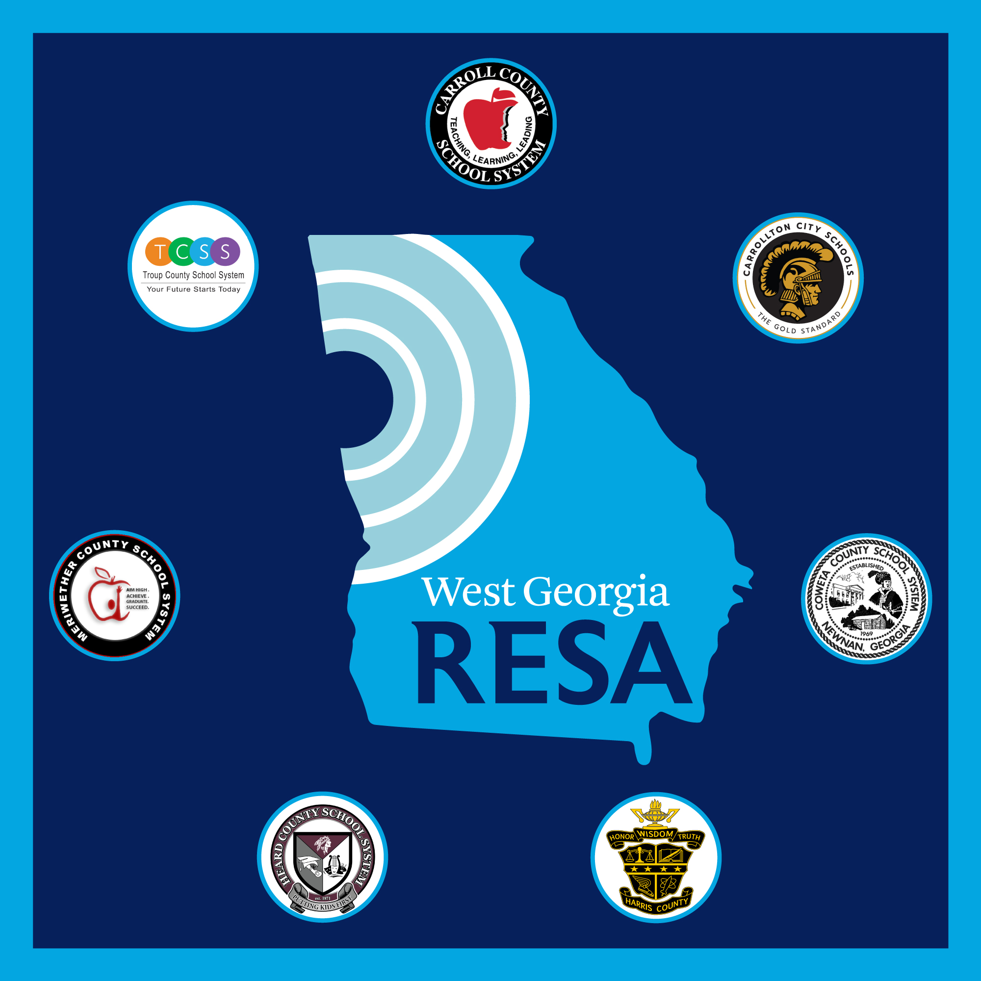 Logos for Carroll County, Carrollton City, Coweta County, Harris County, Heard County, Meriwether County, Odyssey Charter, and Troup County