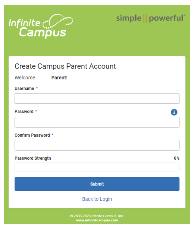Infinite Campus Parent Account Creation Page