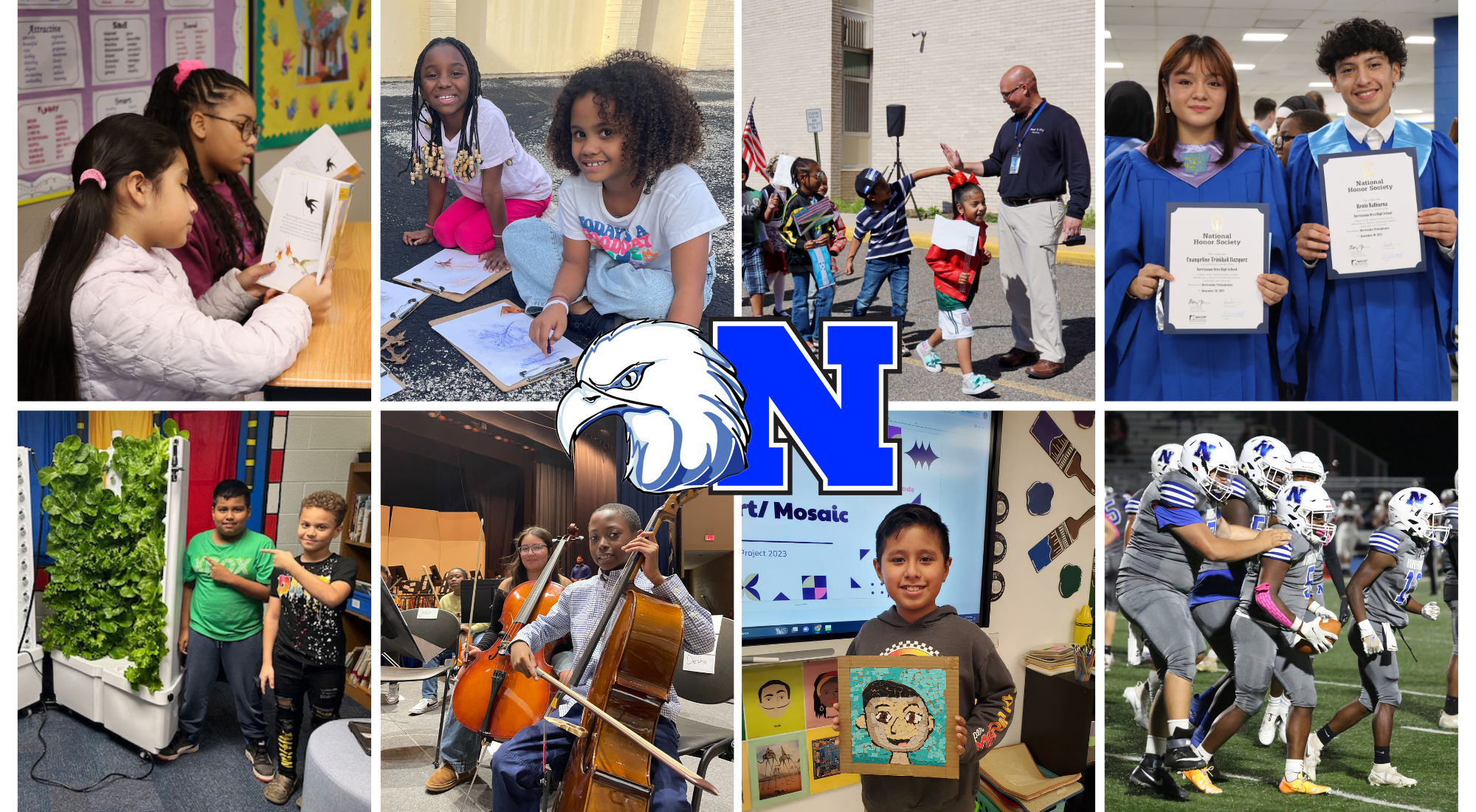 Collage of students across the district with the Eagle & N Logos in the center of the collage 