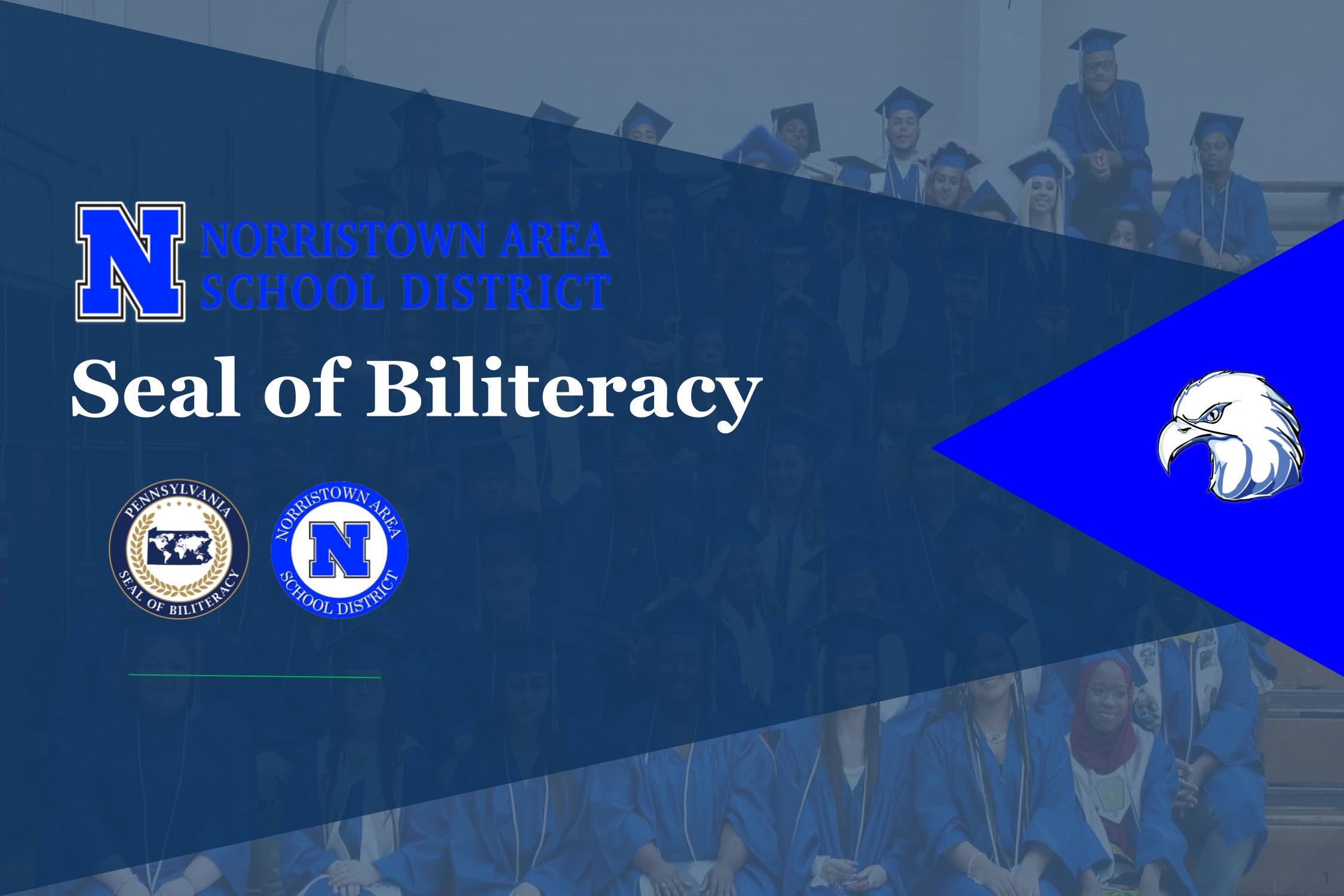 Group of graduates with text overlayed: Norristown Area School District- Seal of Biliteracy 