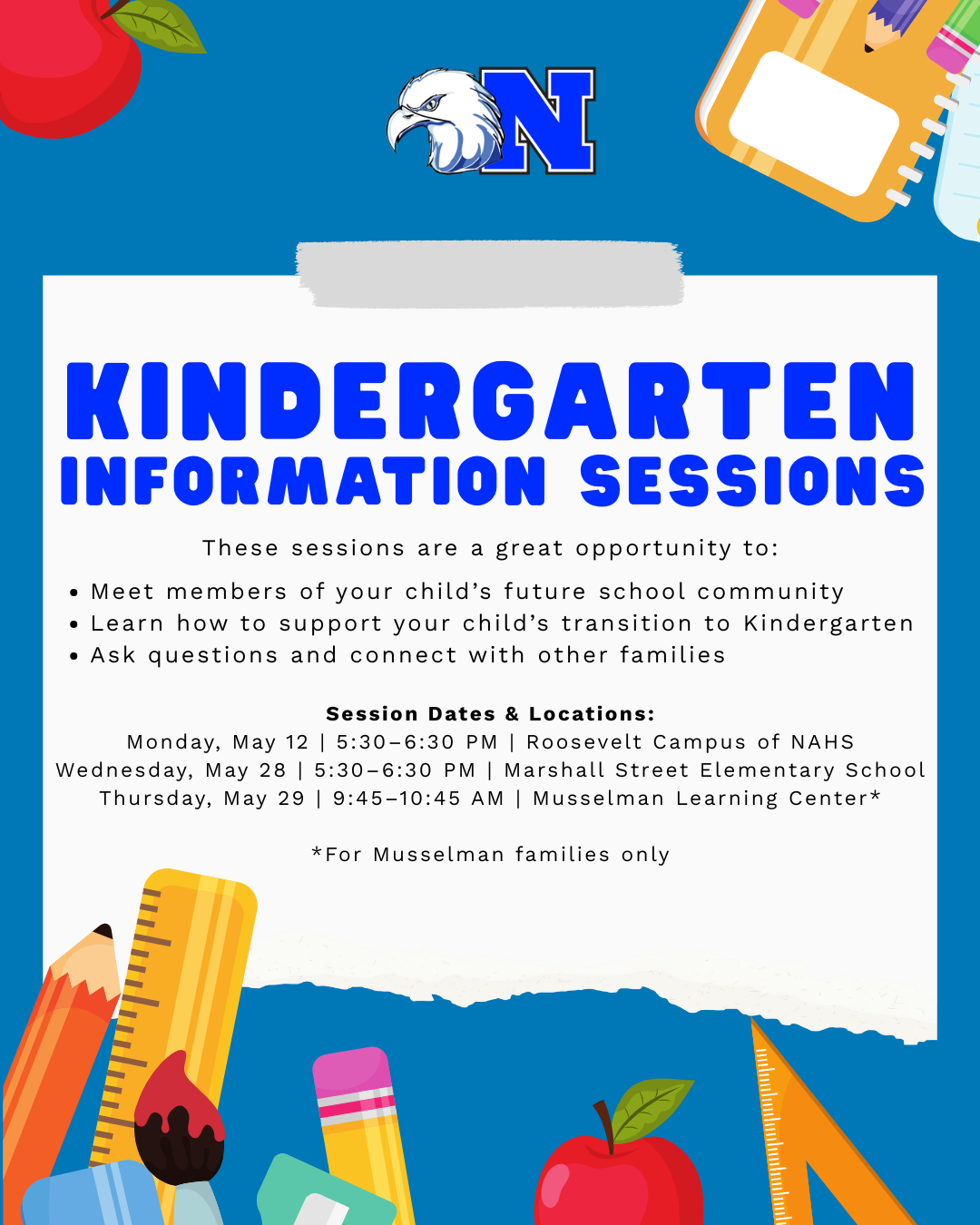 Kindergarten Information Flyer with NASD logo and school supply graphics  - English