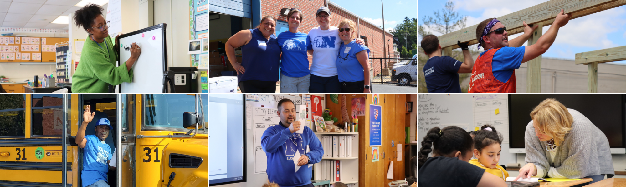 Collage of different employees at NASD, from teachers in the classroom to maintenance workers and bus drivers