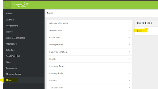 Infinite Campus portal with a navigation menu and lists of information and quick links.