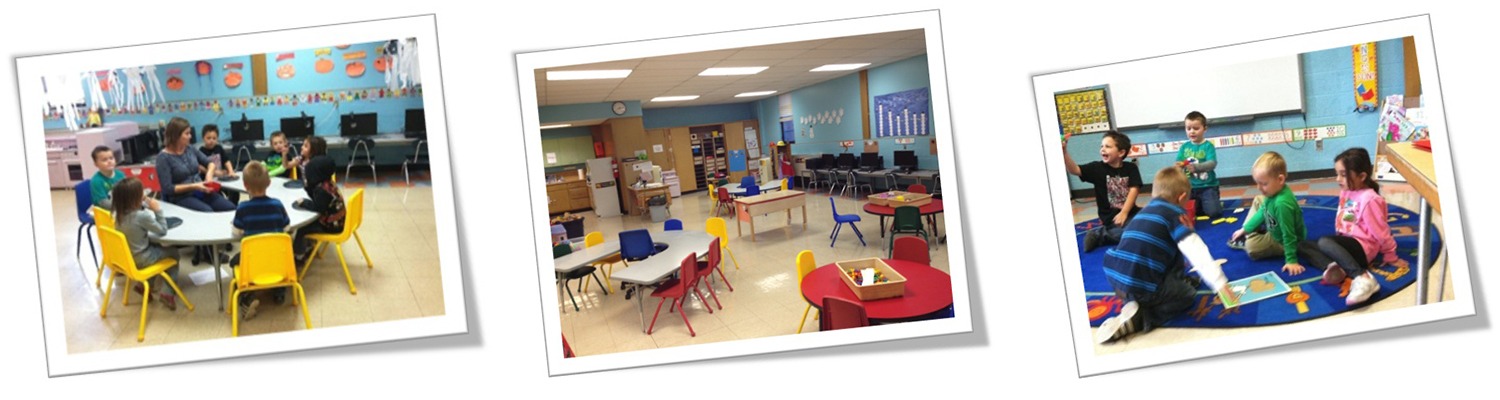 Three photos of a pre-school class. First has a group of students with a teacher at a table for a lesson. The second shows the room with only furniture in it. The final photo has five students on a rug looking at an image.
