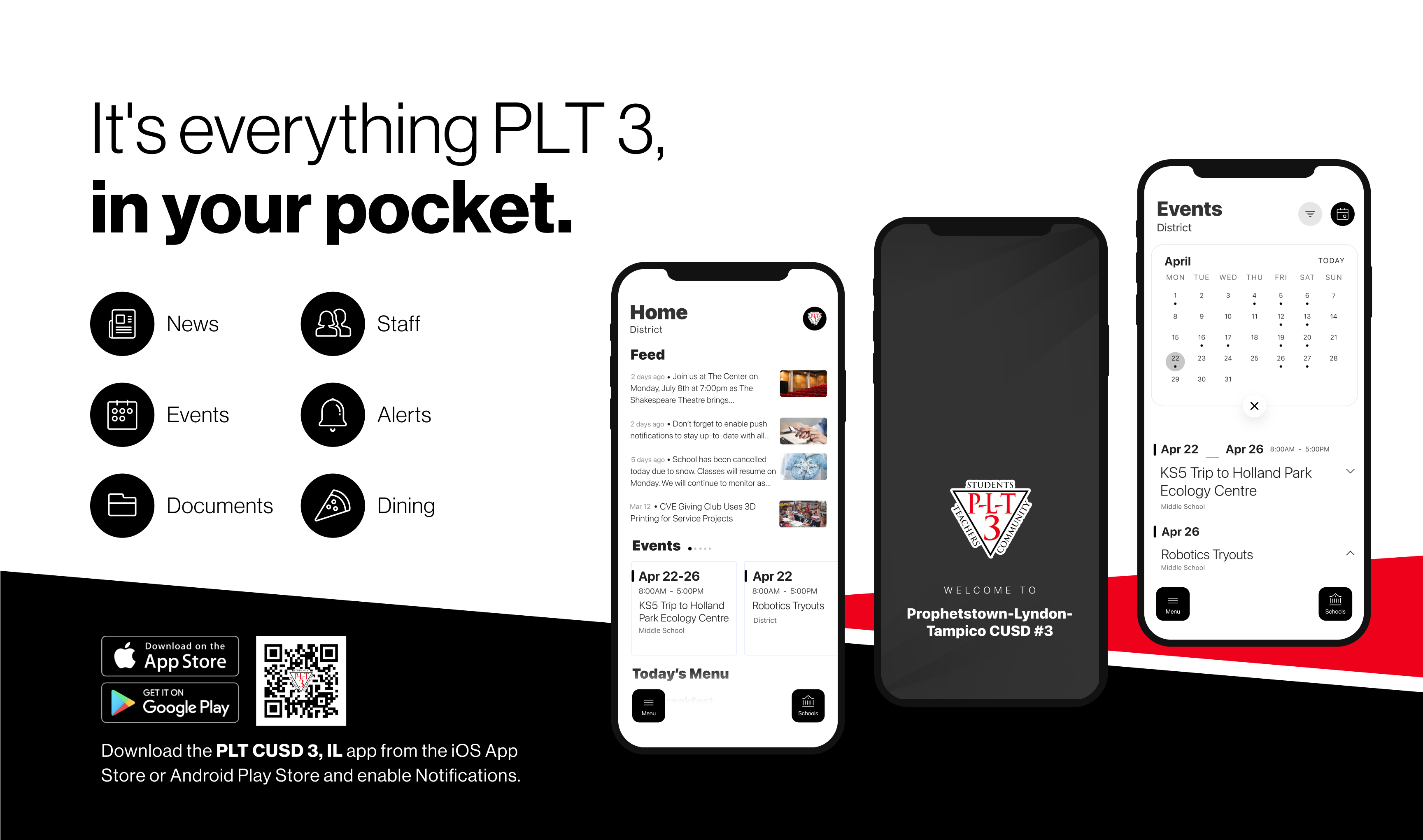 Information on the new school app with a QR code for download and the text "It's everything PLT3, in your pocket"