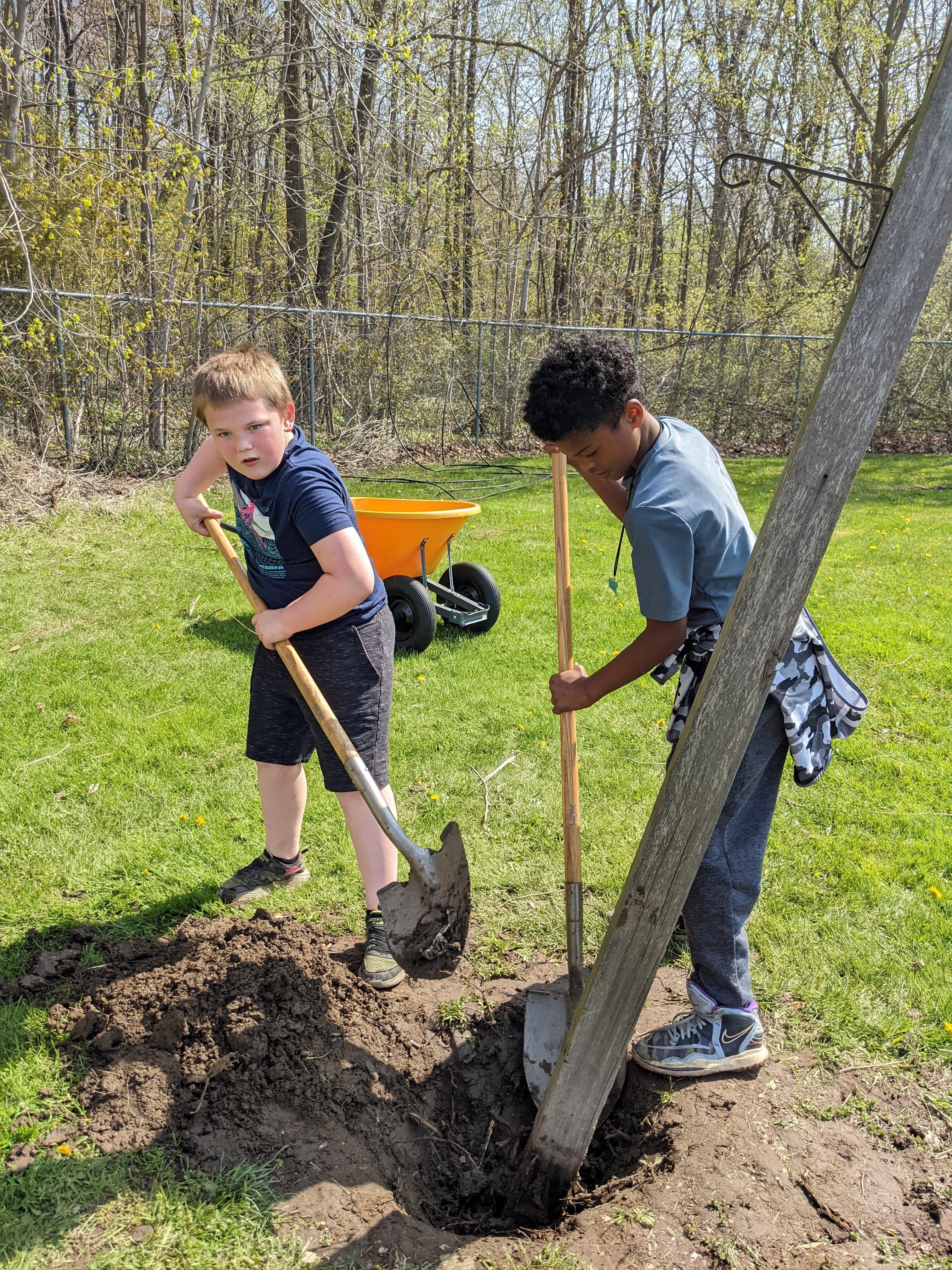 Students working in the garden