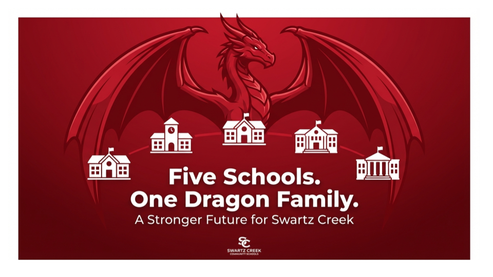 Picture of dragon with five school buildings and the text:  Five Schools. One Dragon Family.  A Stronger Future for Swartz Creek