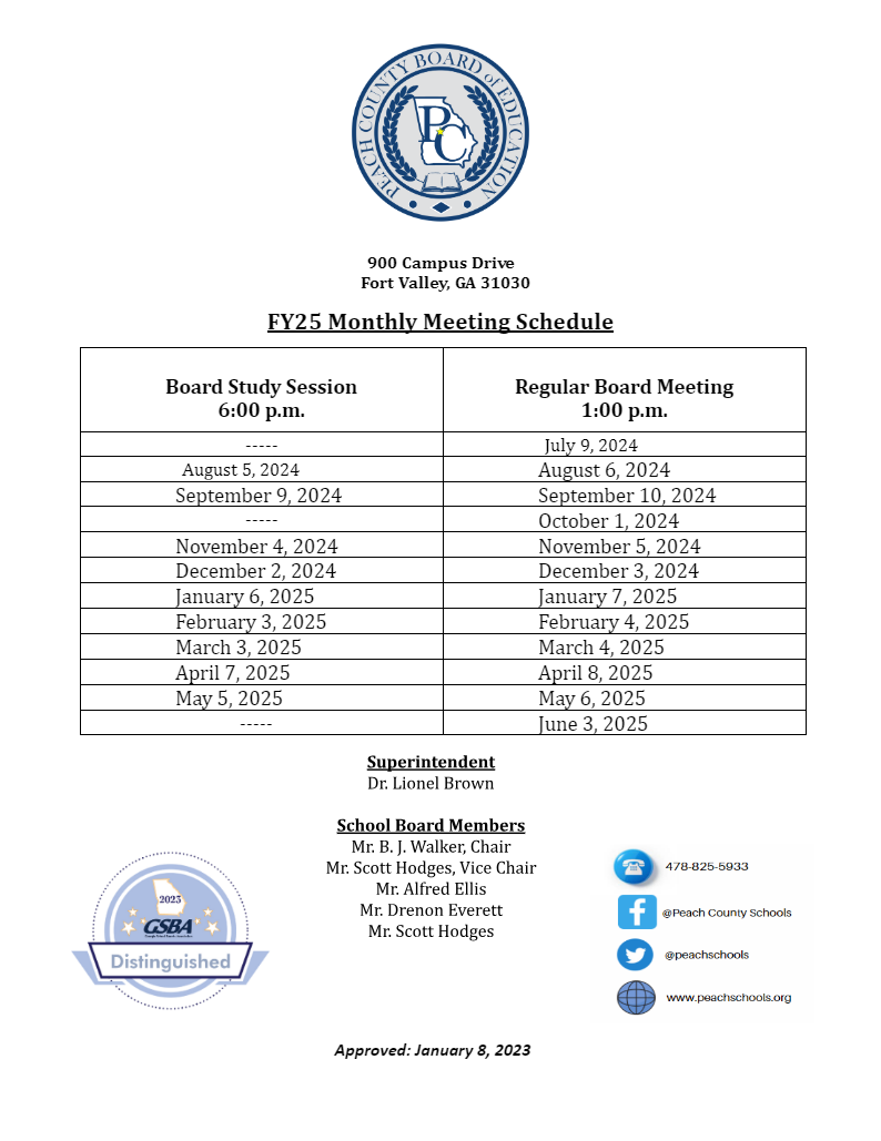 PCSD Board Meeting Schedule