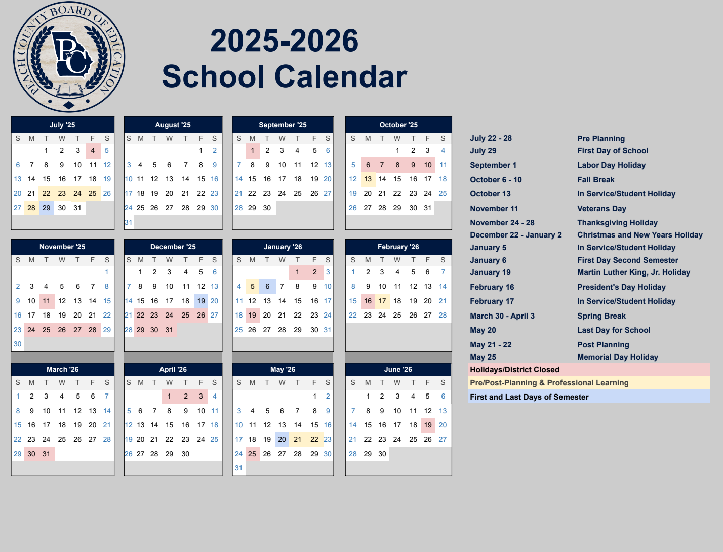 2025-2026 Peach County Schools Calendar