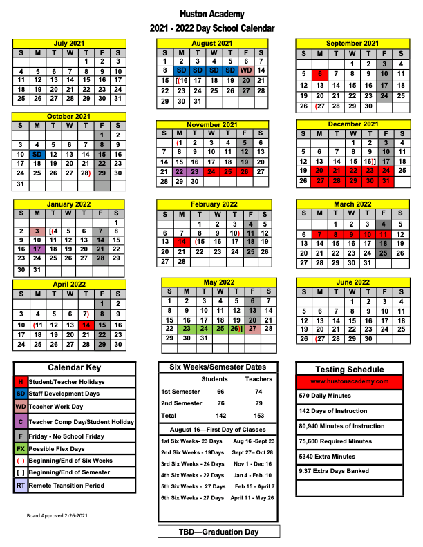 Academic Calendar for 2021-22