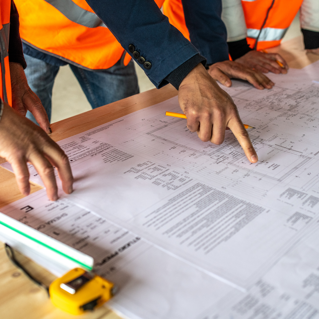 construction workers point to a building plan