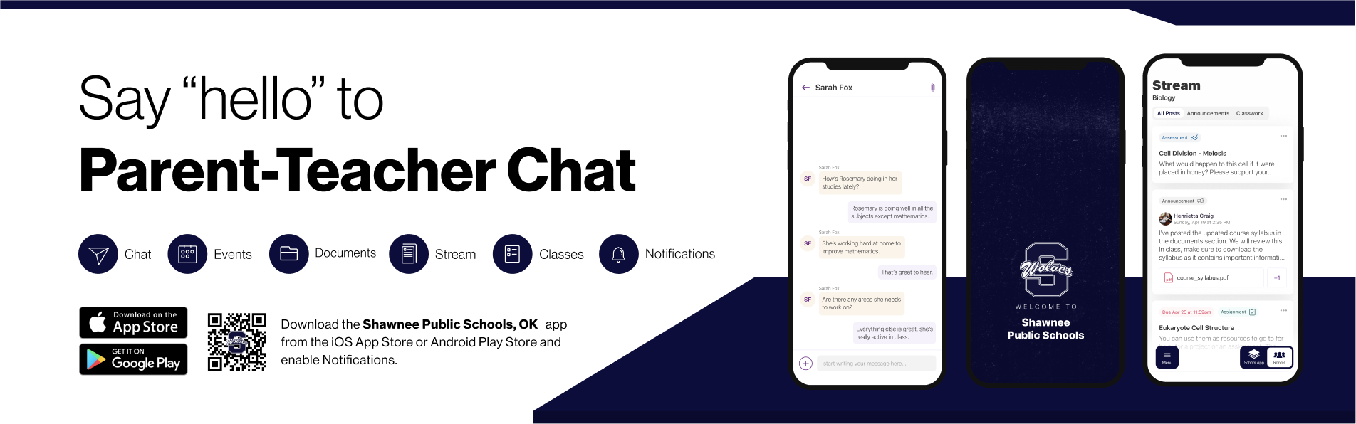 Say hello to Parent-Teacher chat in the new Rooms app. Download the Shawnee Public Schools app in the Google Play or Apple App store.