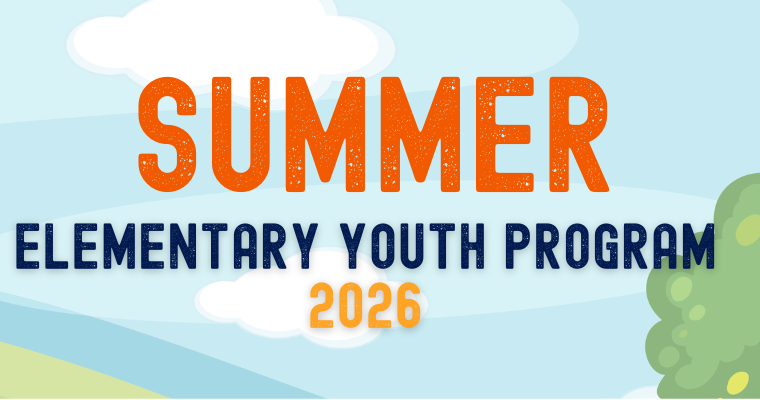 Illustration of a sun, clouds, and tree with the words "Summer Elementary Youth Program 2026."