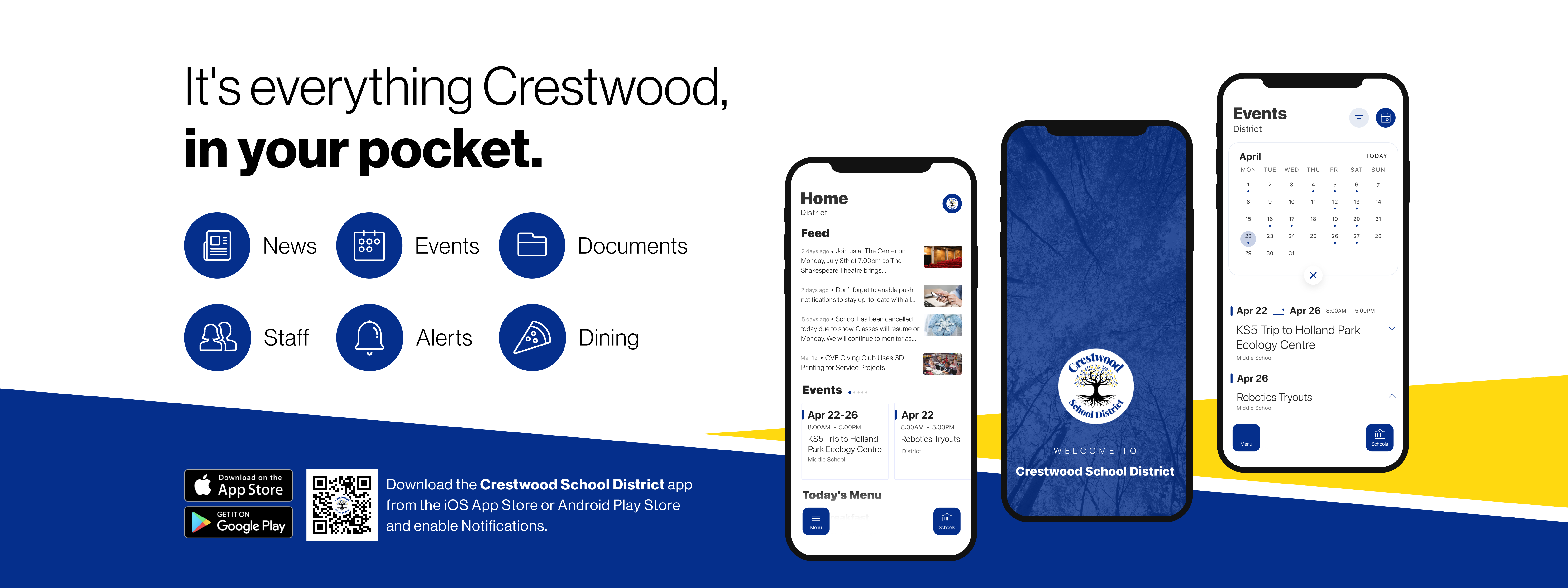 Introducing the Crestwood School District Mobile App! it's everything Crestwood, in your pocket! Download the Crestwood School District App from the I O S App Store, or the Android Play Store, and enable notifications.