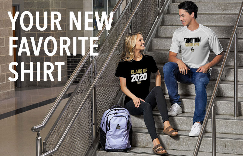 A white woman and White Male wearing BSN apparel with text that says Your New Favorite Shirt 