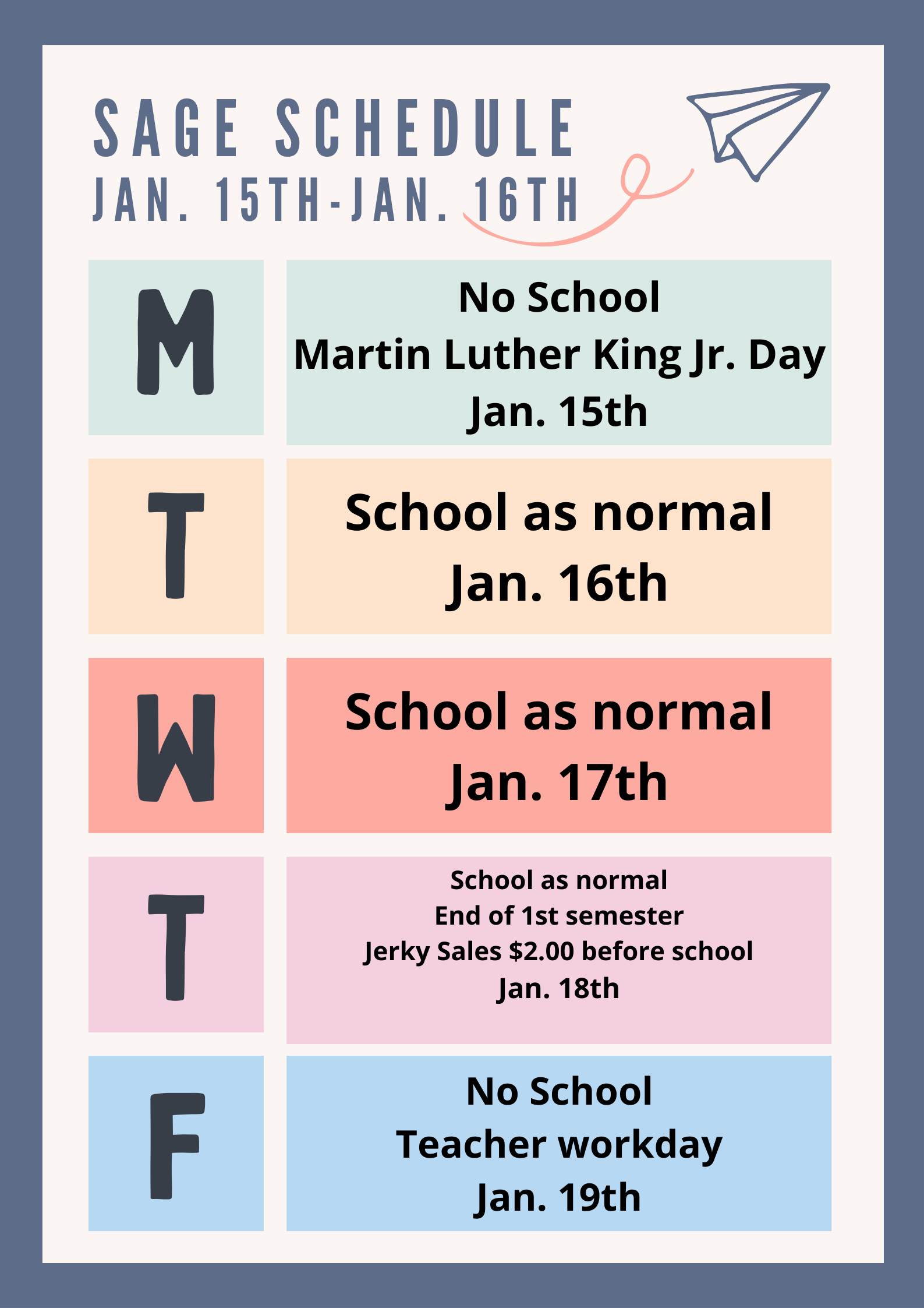Jan. 15th schedule