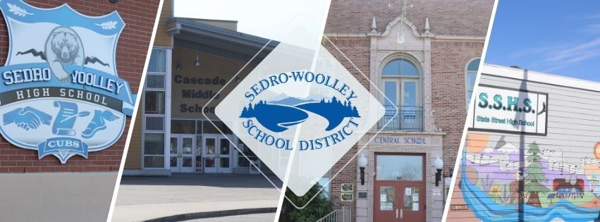 Sedro-Woolley School District logo with building photos in the background.