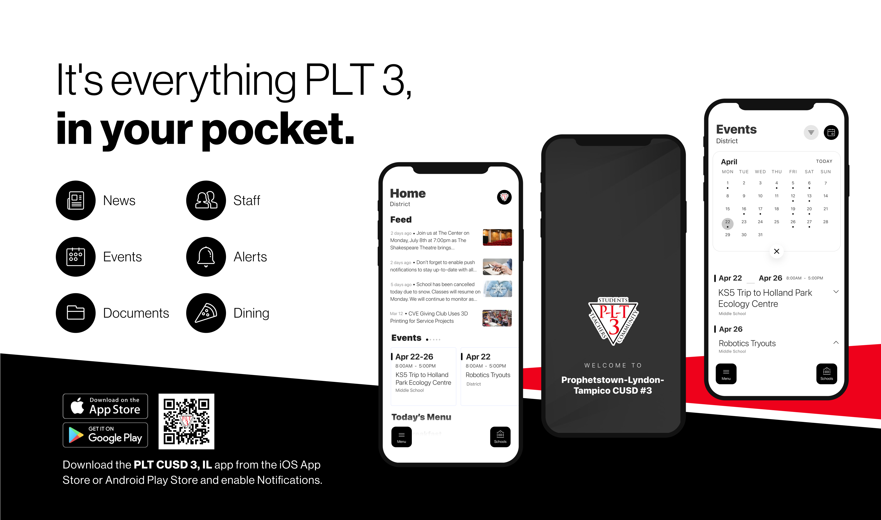 information about the new school app with a QR code for download and the text "It's Everything PLT3, in your pocket"