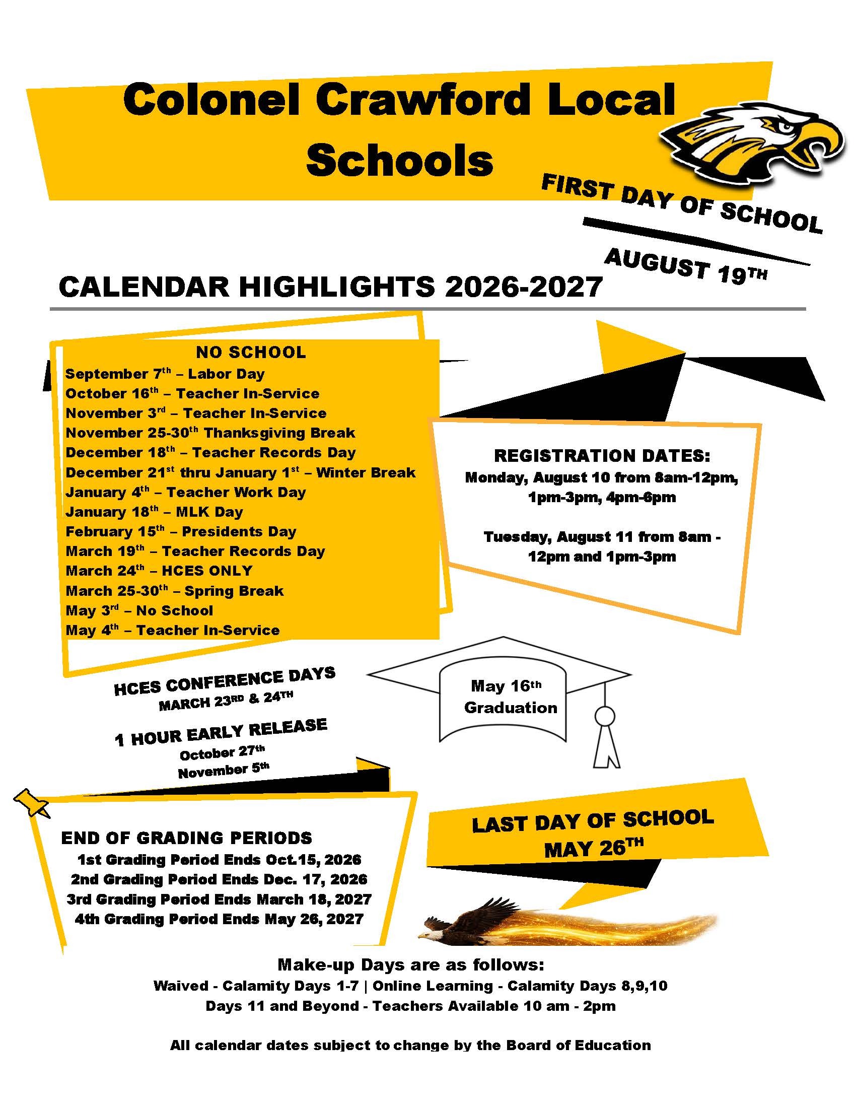 **ADA-Compliant Alt Text:**  Colonel Crawford Local Schools 2026–2027 calendar highlights graphic. First day of school is August 19, 2026. No school dates include September 7 (Labor Day), October 16, November 3, November 25–30 (Thanksgiving Break), December 18, December 21–January 1 (Winter Break), January 4, January 18 (MLK Day), February 15 (Presidents Day), March 19, March 24 (HCES only), March 25–30 (Spring Break), May 3, and May 4. Registration dates are August 10 from 8:00 a.m.–12:00 p.m., 1:00–3:00 p.m., and 4:00–6:00 p.m.; and August 11 from 8:00 a.m.–12:00 p.m. and 1:00–3:00 p.m. HCES conference days are March 23–24. One-hour early release days are October 27 and November 5. Graduation is May 16, 2027. Grading periods end October 15, 2026; December 17, 2026; March 18, 2027; and May 26, 2027. Last day of school is May 26, 2027. Make-up day plan: calamity days 1–7 waived, days 8–10 online learning, and days 11 and beyond with teachers available from 10:00 a.m.–2:00 p.m. Calendar dates are subject to change by the Board of Education.