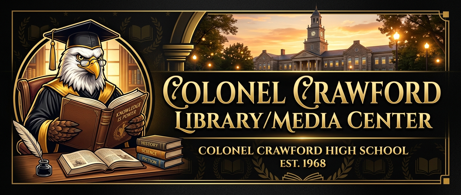 "A widescreen landscape banner header in black and metallic gold colors titled 'Colonel Crawford Library/Media Center'. On the left, a scholarly bald eagle dressed in a black graduation cap with a gold tassel and reading glasses actively reads a large book titled 'Knowledge is Power'. A quill, inkwell, and stacked books labeled 'History,' 'Science,' and 'Fiction' rest on a wooden desk nearby. The center features bold gold typography over a subtle, warm-lit school building background."