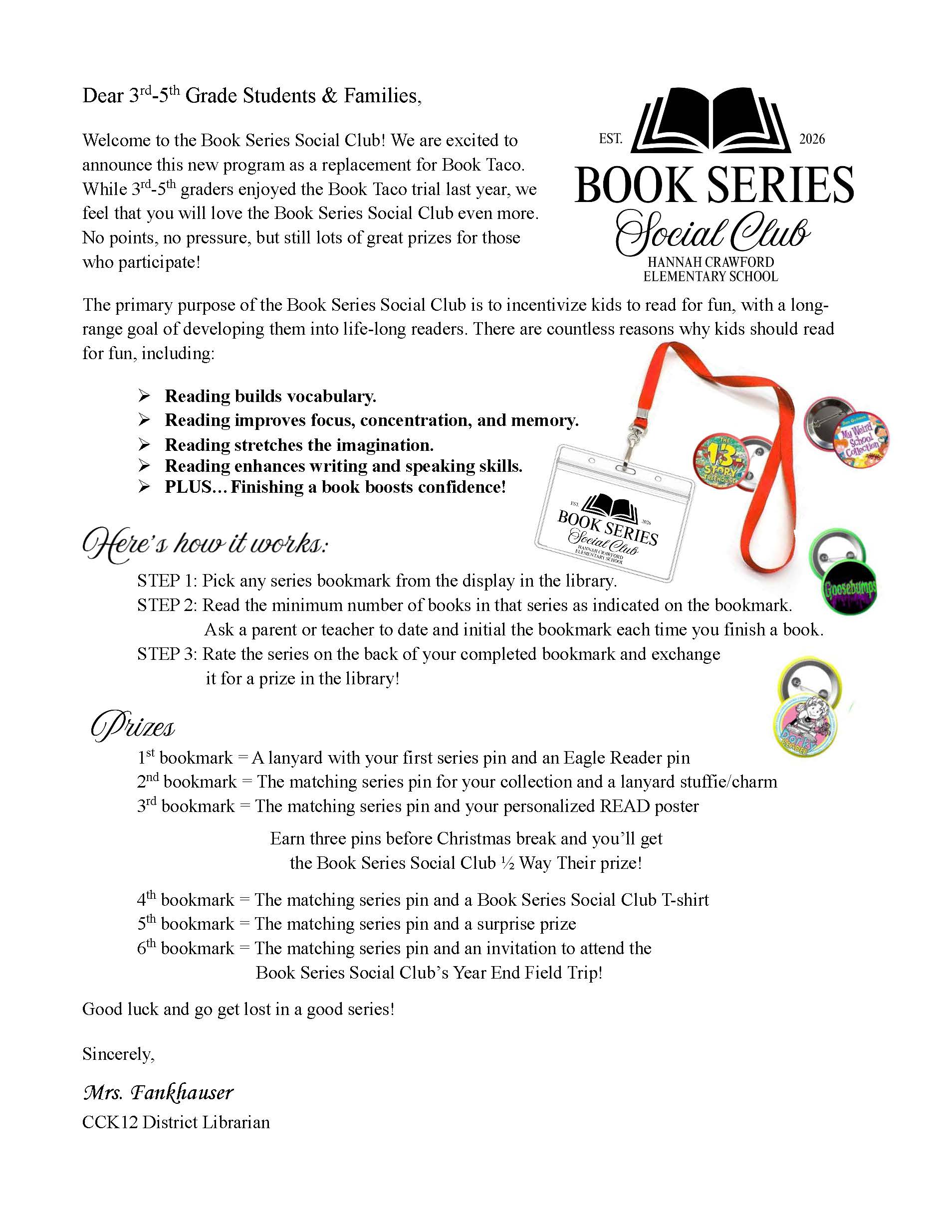 “Hannah Crawford Elementary School Book Series Social Club letter for grades 3–5, explaining how to participate, track reading, and earn prizes.”