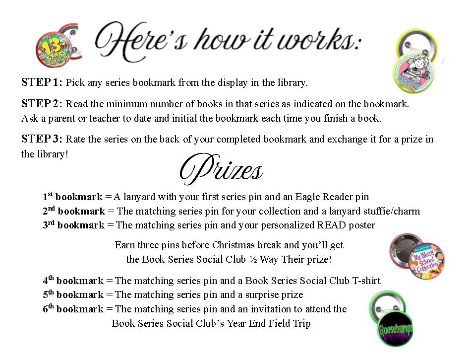 Book Series Social Club participation steps and prizes: choose a series bookmark, read and record the required books, rate the series, and redeem completed bookmarks for rewards.”