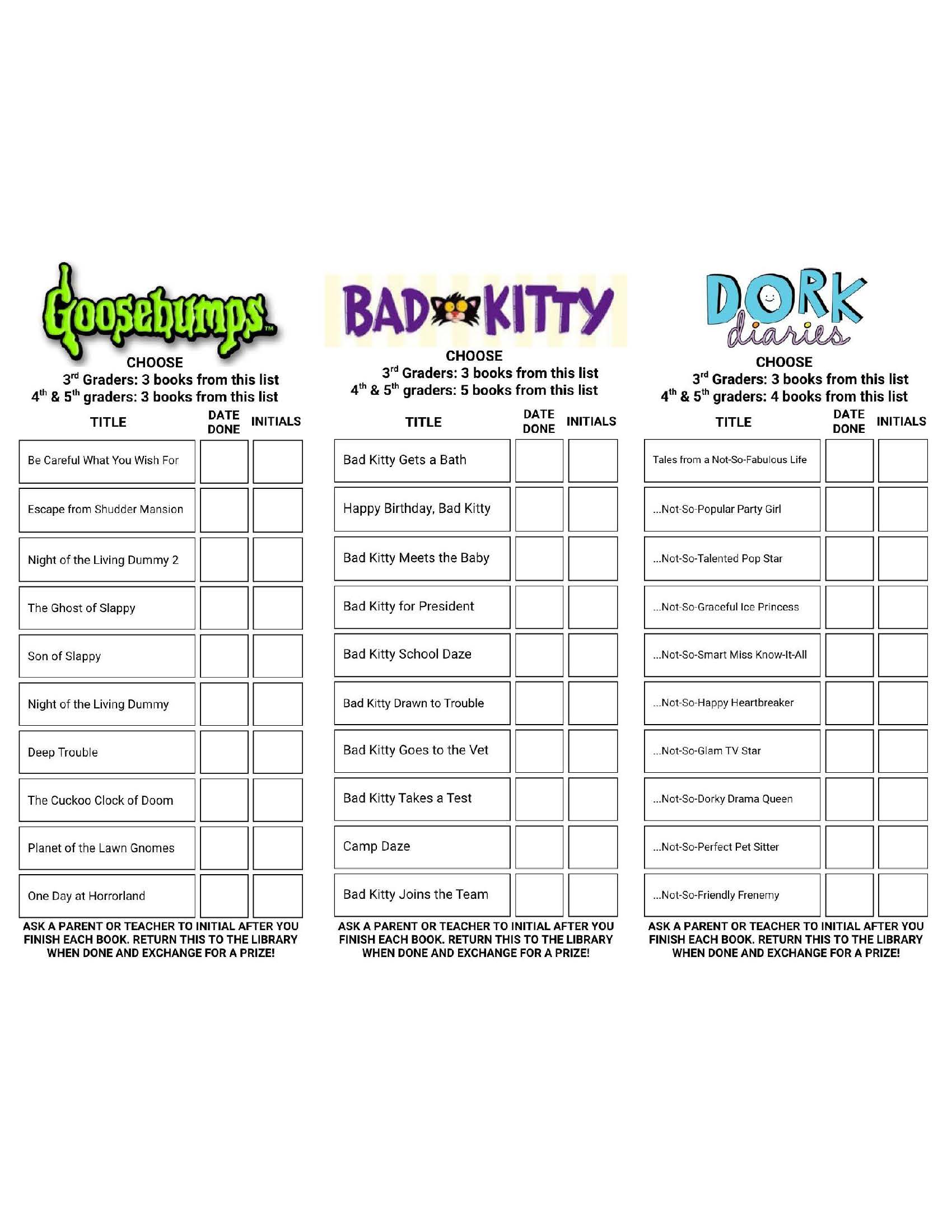 Reading bookmarks for Goosebumps, Bad Kitty, and Dork Diaries, with book lists, grade-specific reading goals, and spaces for completion dates and adult initials.