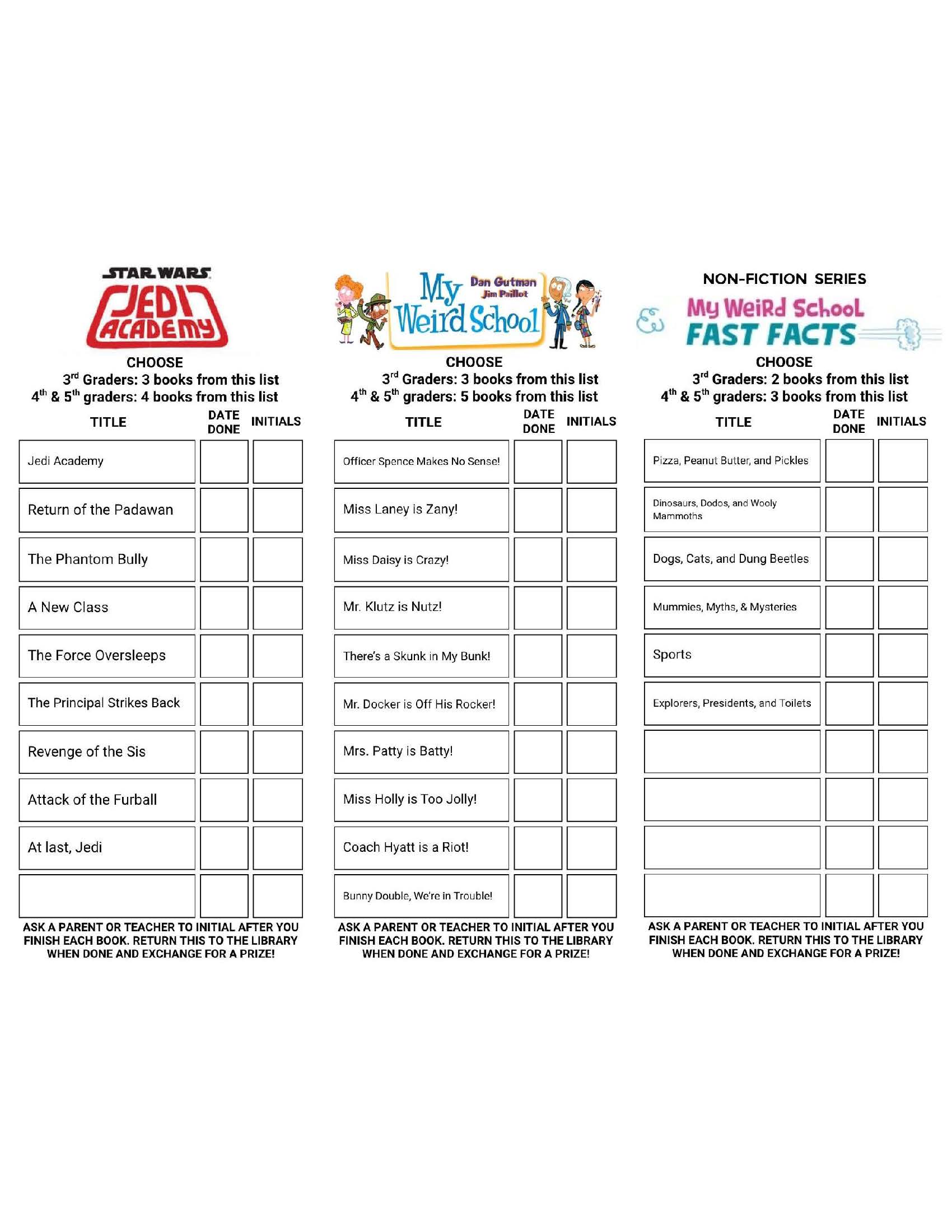 Reading bookmarks for Star Wars Jedi Academy, My Weird School, and My Weird School Fast Facts, with book lists, grade-specific reading goals, and spaces for completion dates and adult initials.