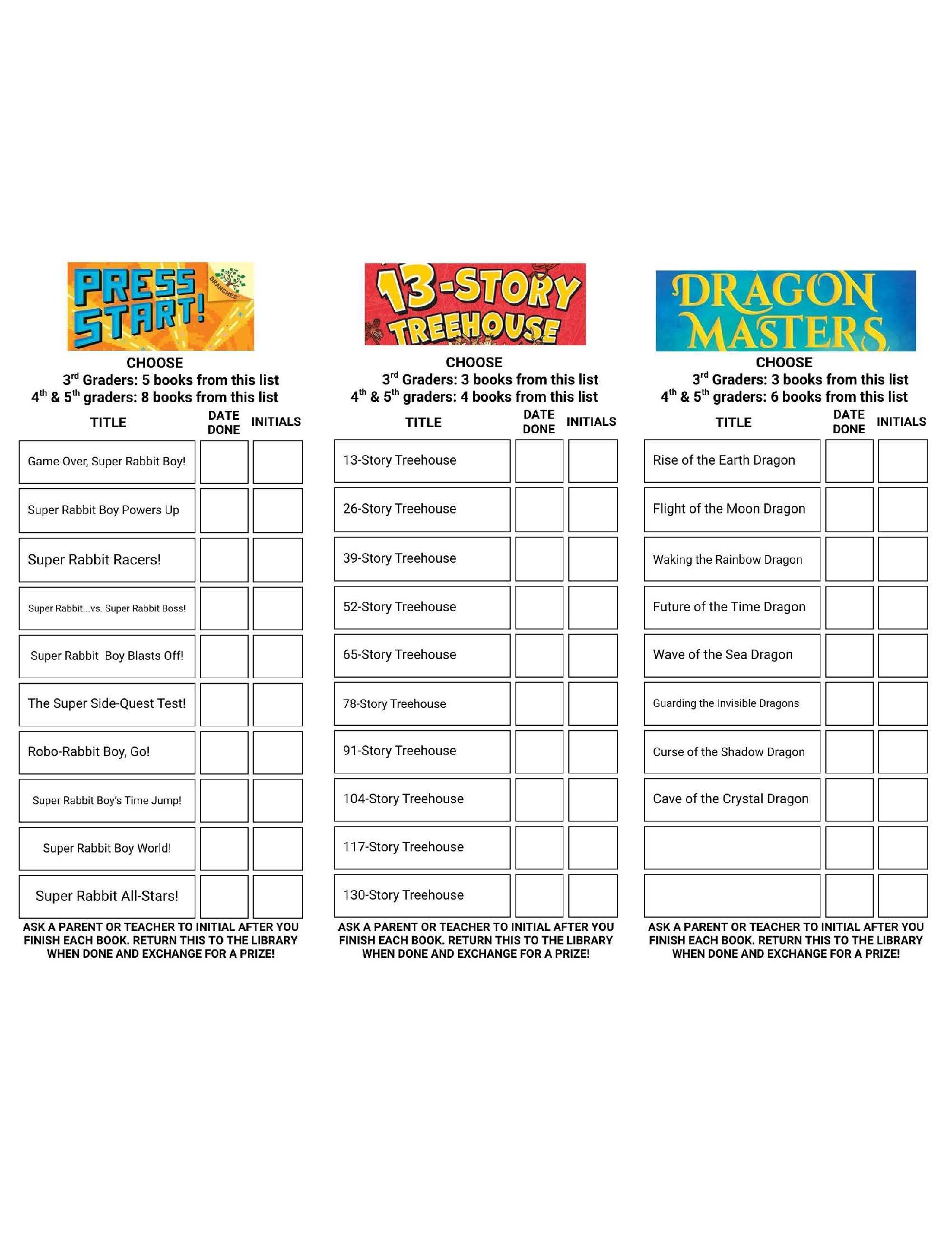 Reading bookmarks for Press Start!, The Treehouse series, and Dragon Masters, with book lists, grade-specific reading goals, and spaces for completion dates and adult initials.