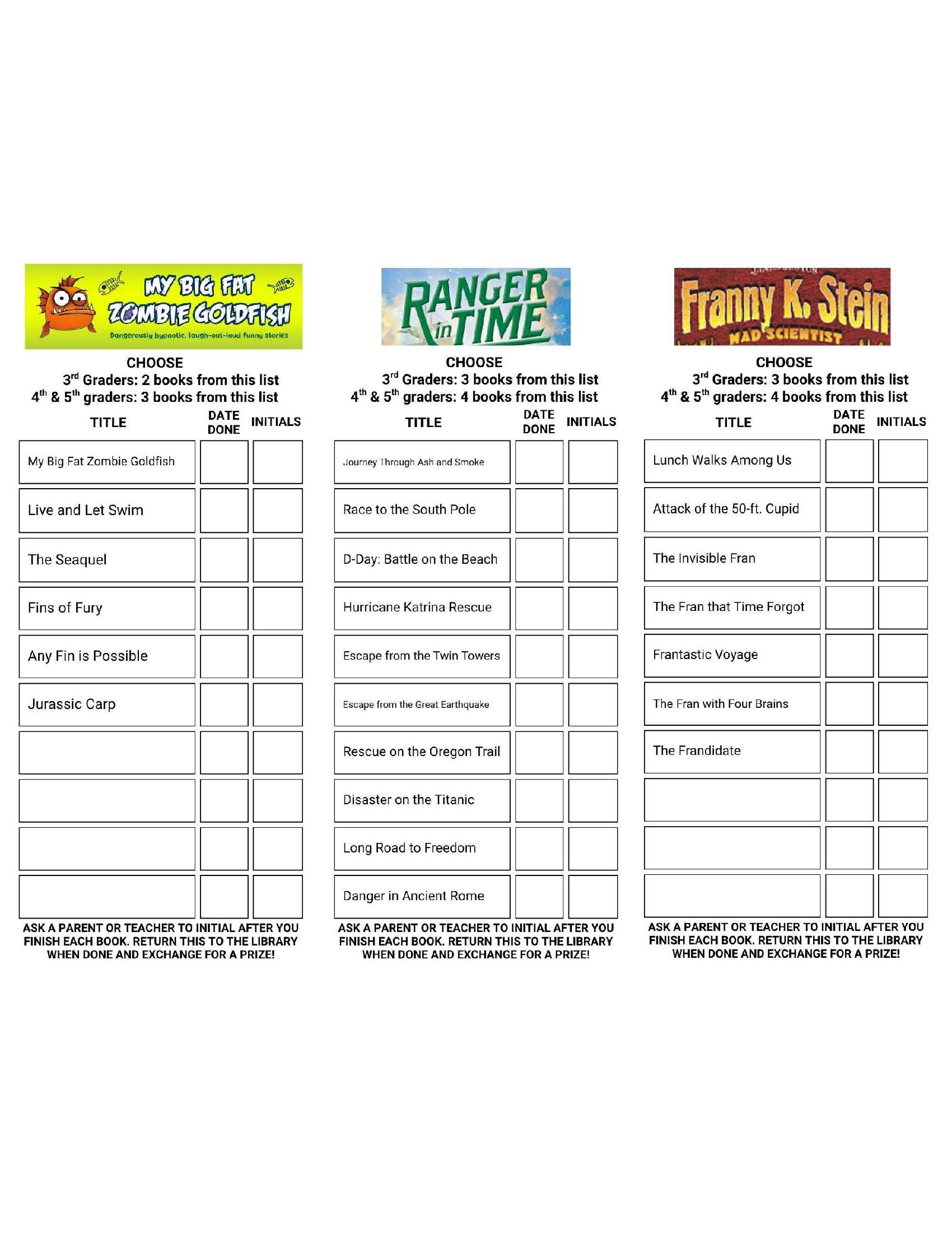 Reading bookmarks for My Big Fat Zombie Goldfish, Ranger in Time, and Franny K. Stein, with book lists, grade-specific reading goals, and spaces for completion dates and adult initials.