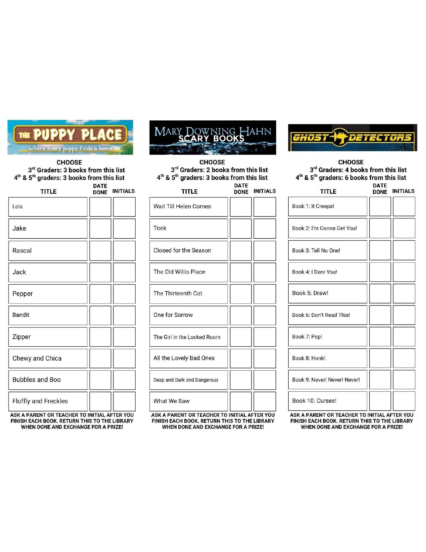 Reading bookmarks for The Puppy Place, Mary Downing Hahn scary books, and Ghost Detectors, with book lists, grade-specific reading goals, and spaces for completion dates and adult initials.