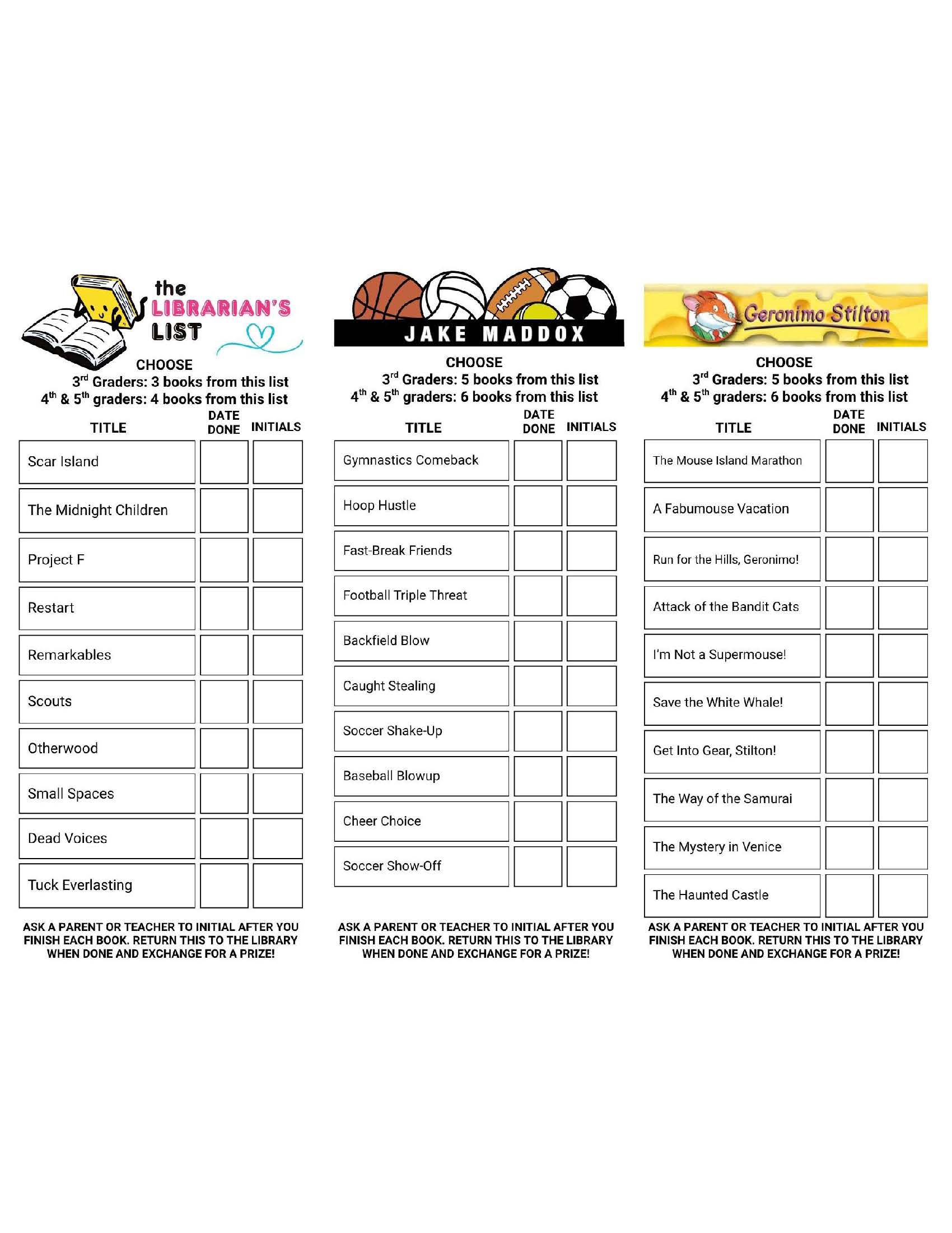 Reading bookmarks for the Librarian’s List, Jake Maddox sports books, and Geronimo Stilton, with book lists, grade-specific reading goals, and spaces for completion dates and adult initials.