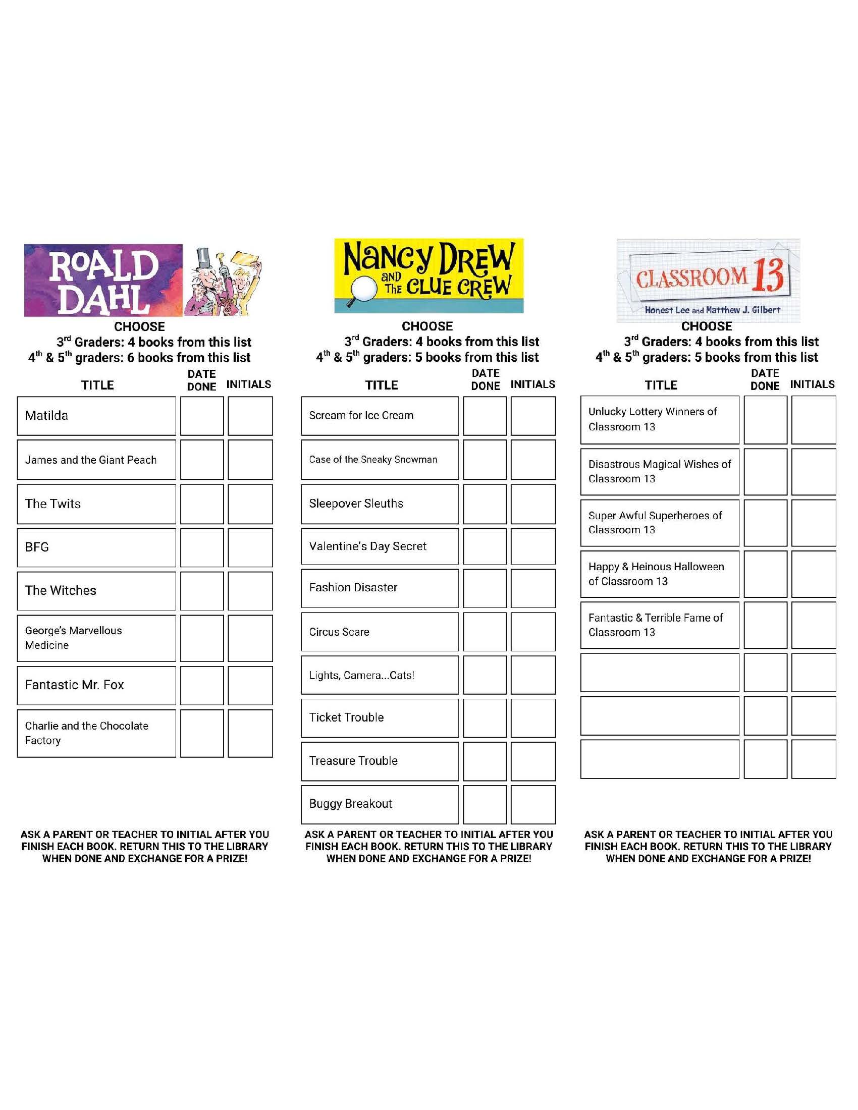 Reading bookmarks for Roald Dahl books, Nancy Drew and the Clue Crew, and Classroom 13, with book lists, grade-specific reading goals, and spaces for completion dates and adult initials.