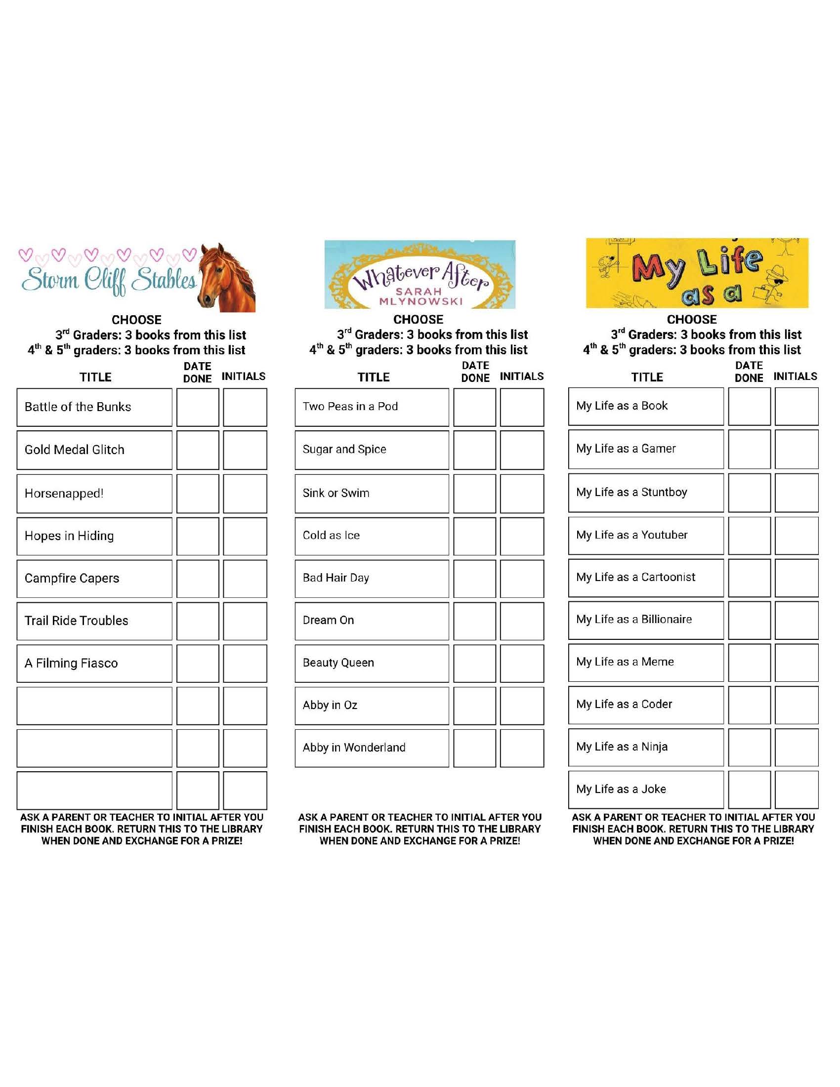 Reading bookmarks for Storm Cliff Stables, Whatever After, and My Life As, with book lists, reading goals, and spaces for completion dates and adult initials.