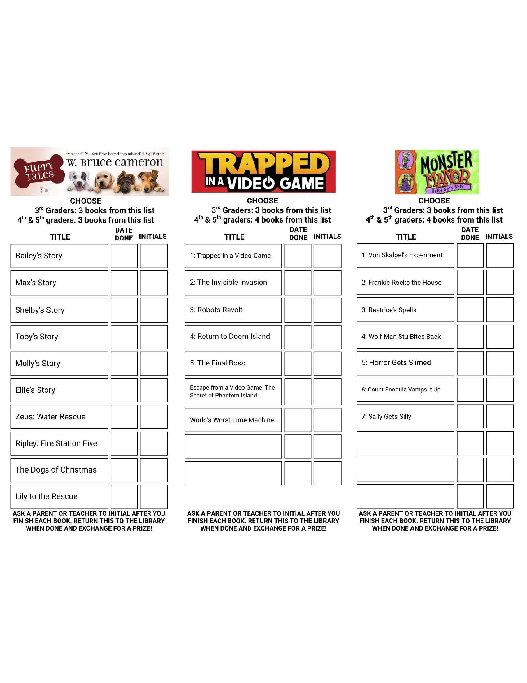 Reading bookmarks for Puppy Tales, Trapped in a Video Game, and Monster Manor, with book lists, grade-specific reading goals, and spaces for completion dates and adult initials.