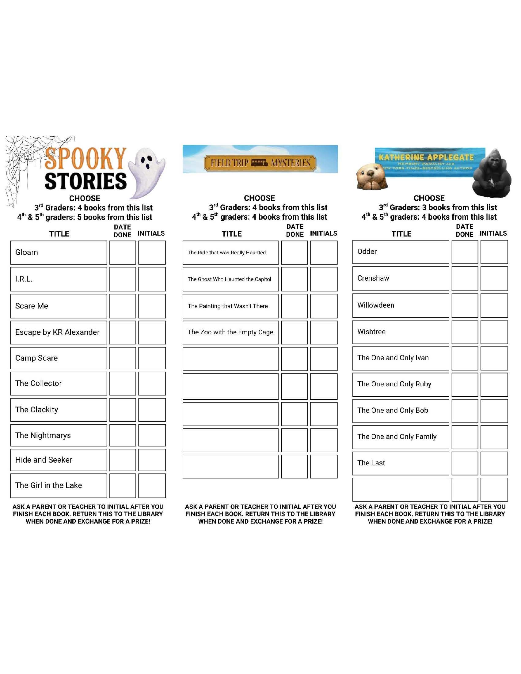 Reading bookmarks for spooky stories, Field Trip Mysteries, and Katherine Applegate books, with book lists, grade-specific reading goals, and spaces for completion dates and adult initials.