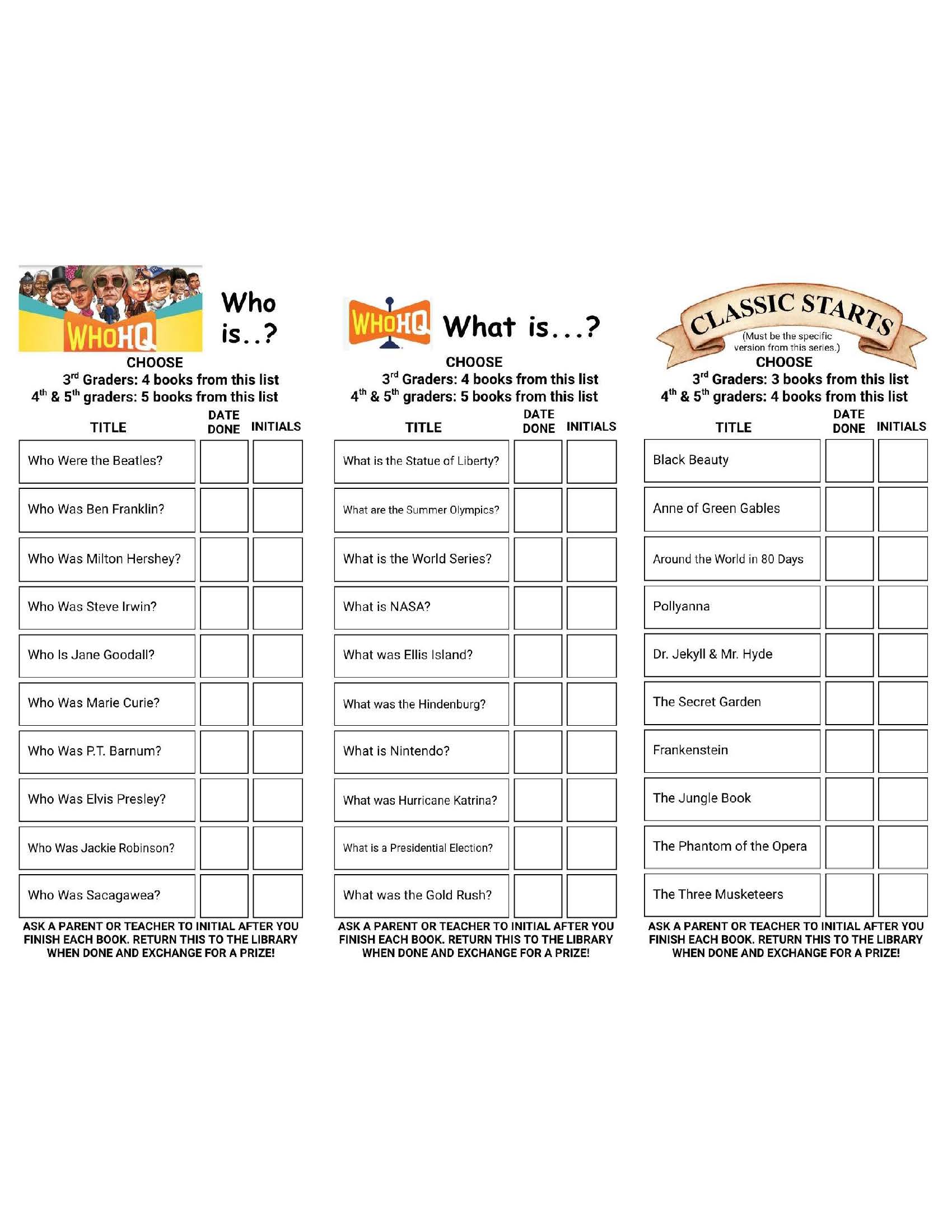 Reading bookmarks for Who HQ biographies, Who HQ What Is books, and Classic Starts editions, with book lists, grade-specific reading goals, and spaces for completion dates and adult initials.