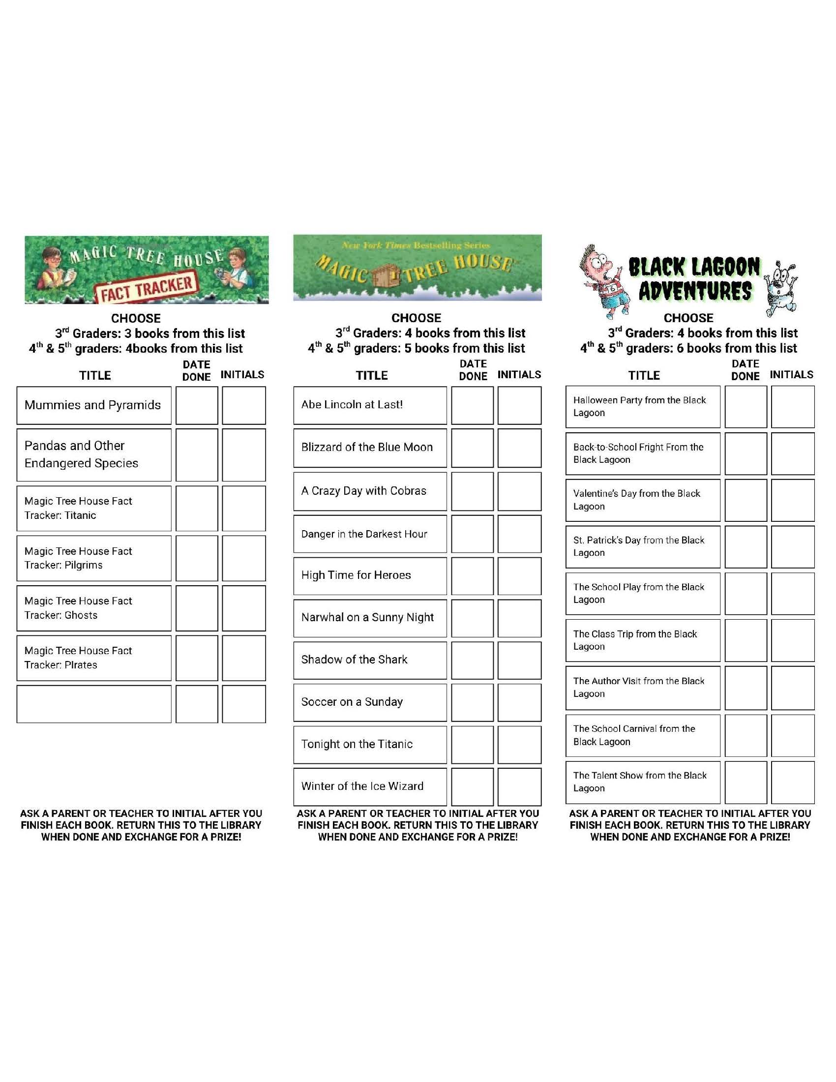 Reading bookmarks for Magic Tree House Fact Tracker, Magic Tree House, and Black Lagoon Adventures, with book lists, grade-specific reading goals, and spaces for completion dates and adult initials.