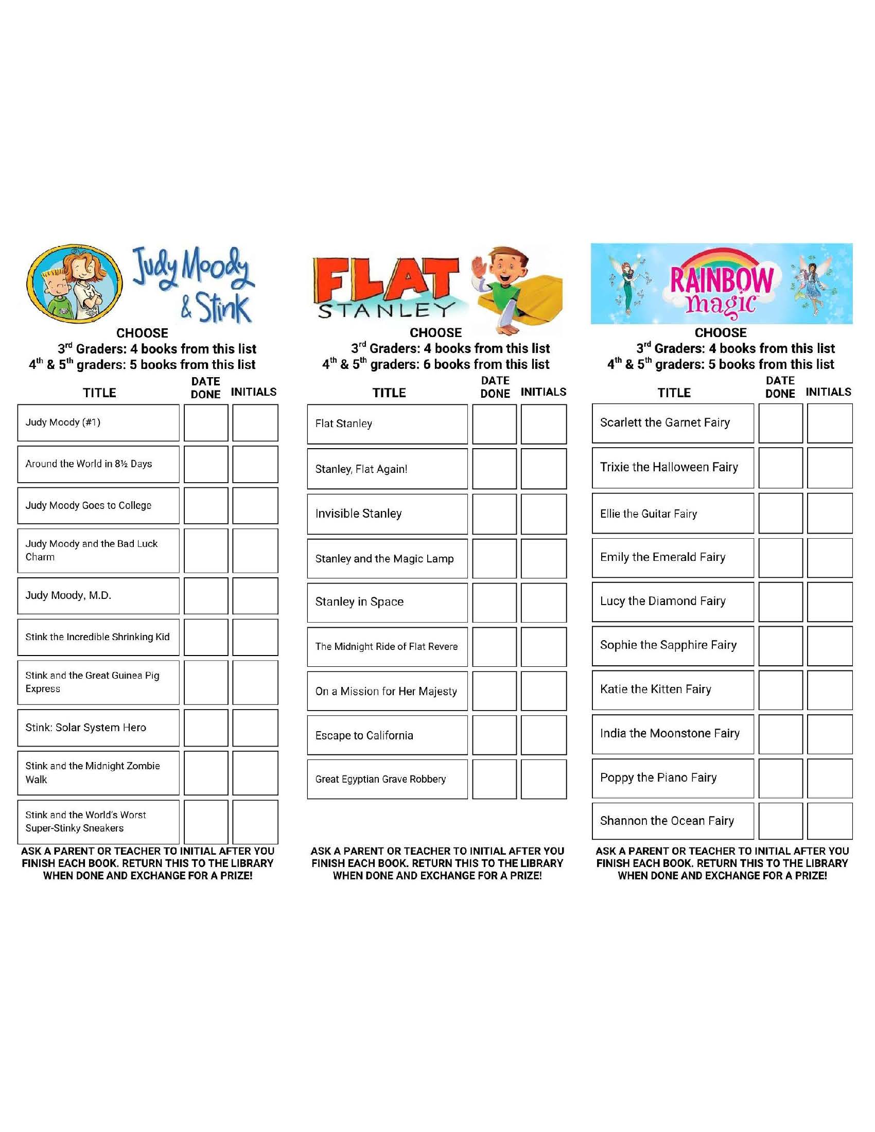Reading bookmarks for Judy Moody and Stink, Flat Stanley, and Rainbow Magic, with book lists, grade-specific reading goals, and spaces for completion dates and adult initials.