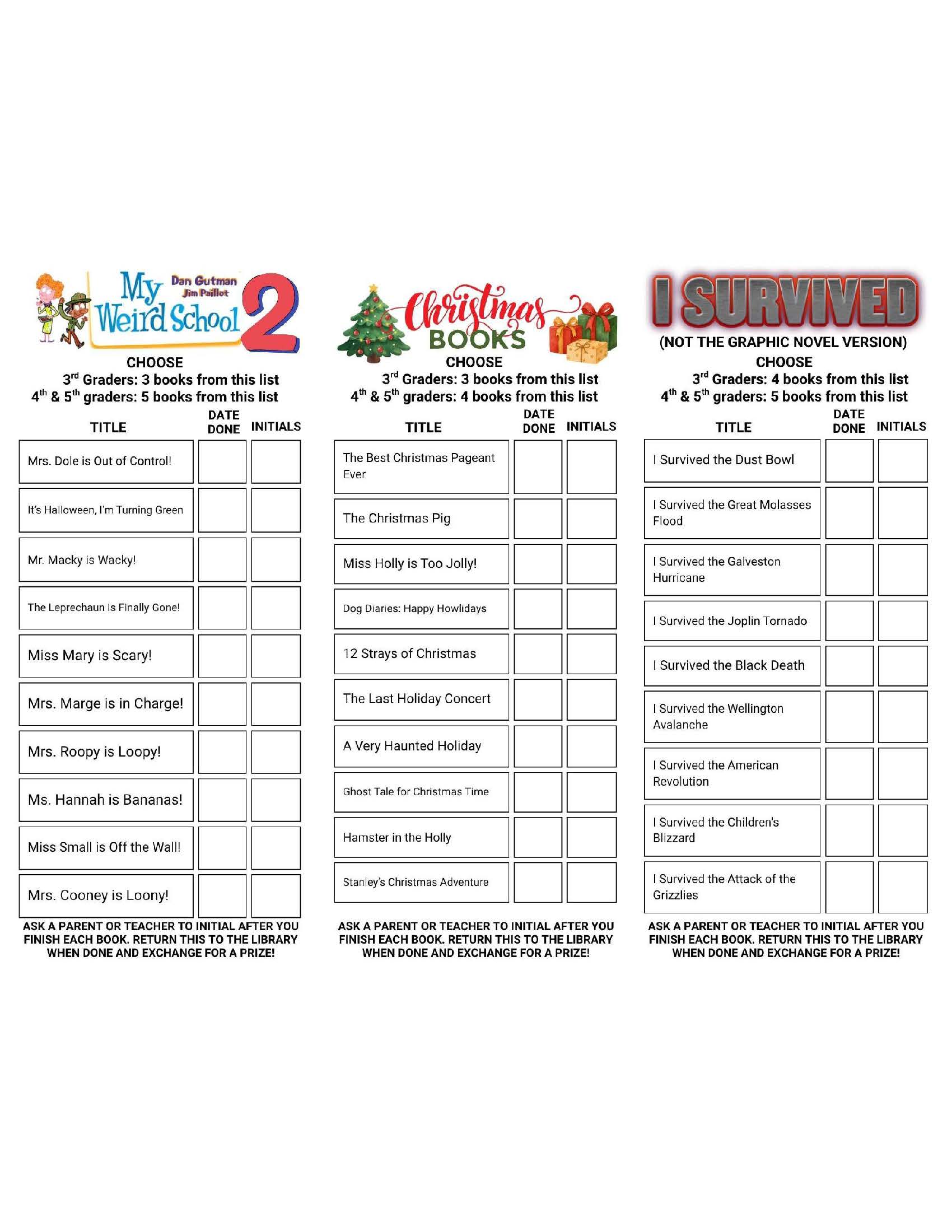 Reading bookmarks for My Weird School list 2, Christmas books, and I Survived chapter books, with book lists, grade-specific reading goals, and spaces for completion dates and adult initials.