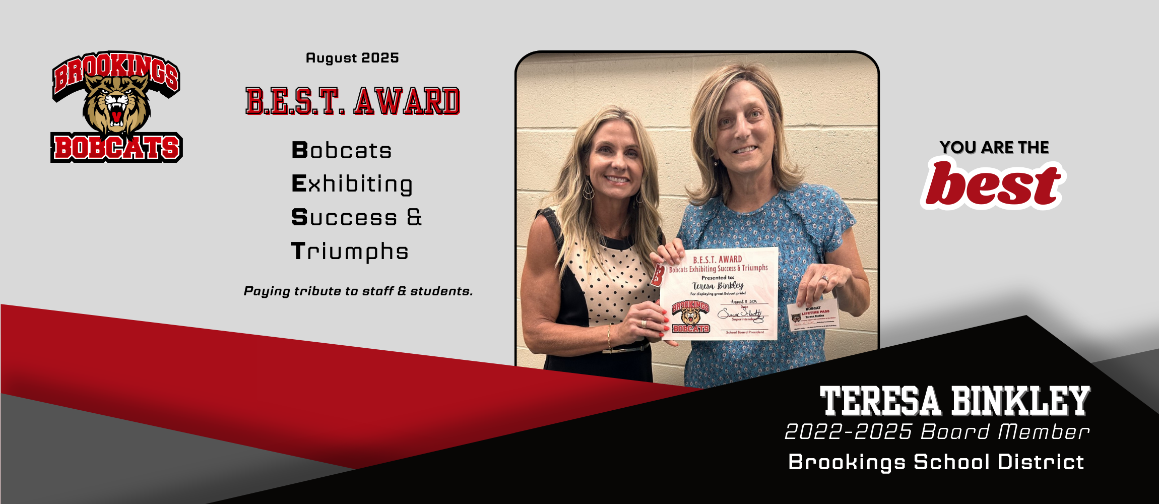 image of august best award winner teresa binkley with superintendent summer schultz