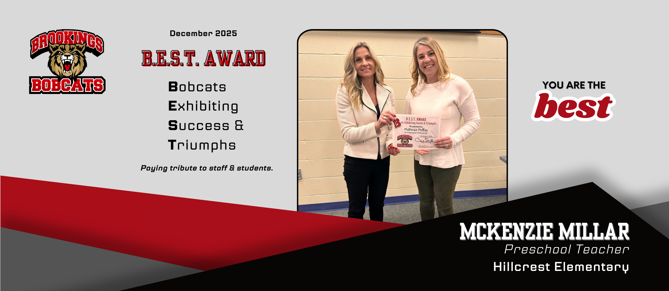 Decorative image of best award winner with superintendent summer schultz.