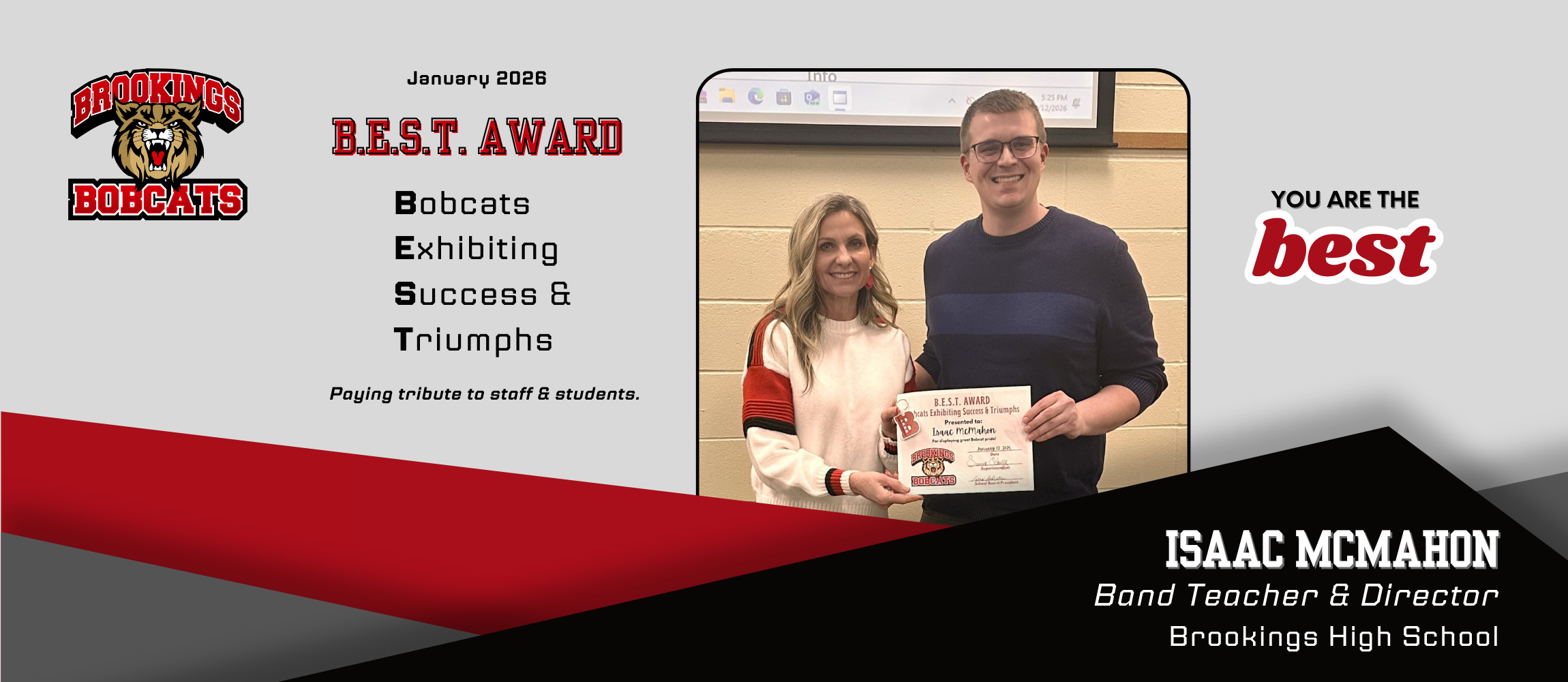 Decorative image of best award winner with superintendent summer schultz.