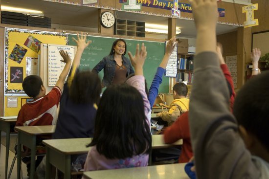 A Classroom with a teacher in front of a blackboard and students at their desks with hands raised