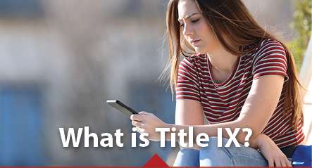 Girl looking at her cell phone with caption that says What is Title IX?