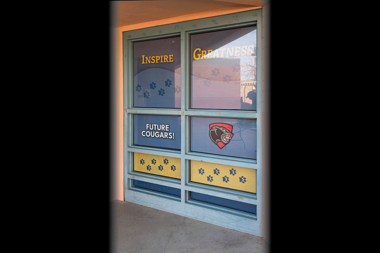 Whittier window mesh: Inspire Greatness Future Cougars" logo of Carson Cougars.