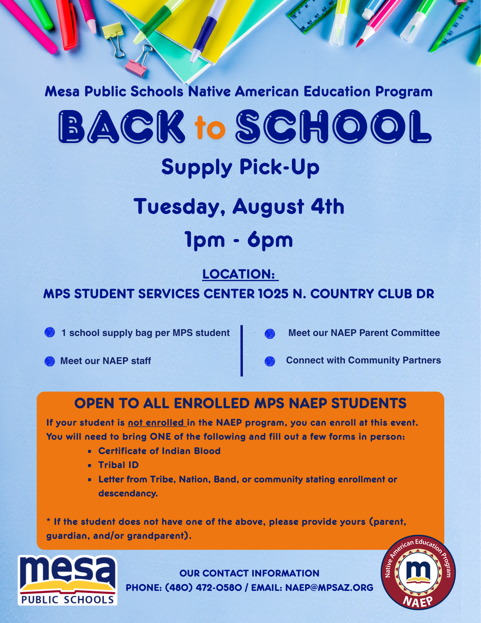 A promotional flyer for Mesa Public Schools Native American Education Program (NAEP) featuring their circular logo. The logo is a red ring with white text reading "Native American Education Program" at the top and "NAEP" at the bottom. Inside the ring is a white circle bordered by brown triangles, containing a blue letter "m" resting on an open yellow book